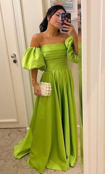 Sexy Off Shoulder Puff Sleeves Prom Dress,Satin Long Formal Evening Dresses SH791
