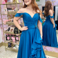 Charming Dark Blue A Line Off the Shoulder Ruffle Satin Long Prom Dress Evening Dress SH6588