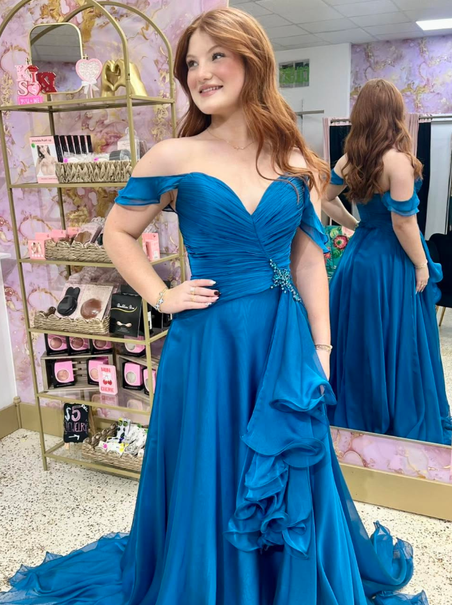 Charming Dark Blue A Line Off the Shoulder Ruffle Satin Long Prom Dress Evening Dress SH6588