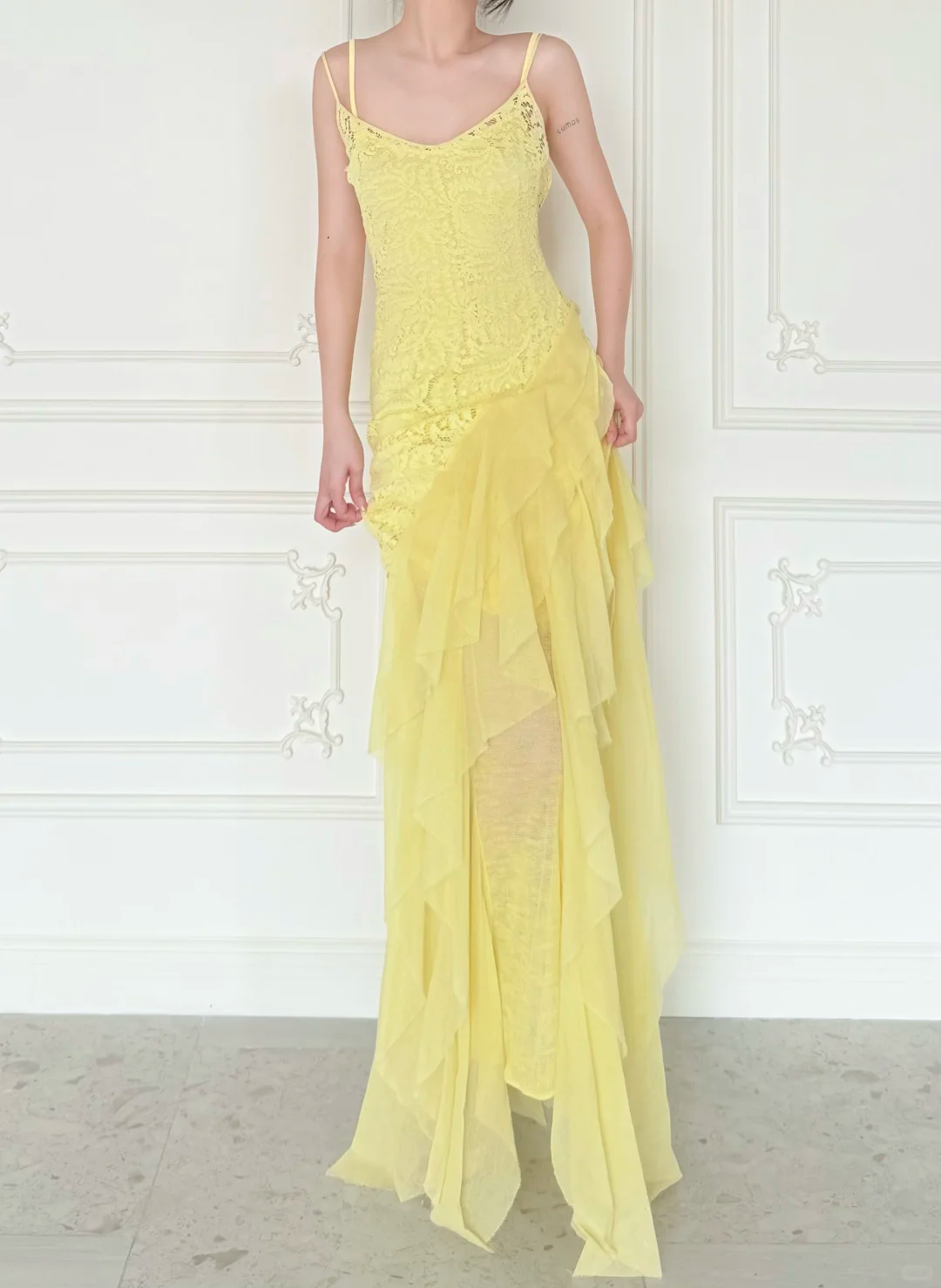 Stunning Yellow Sheath Spaghetti Strap Lace Chiffon Prom Dress Evening Dress SH6760