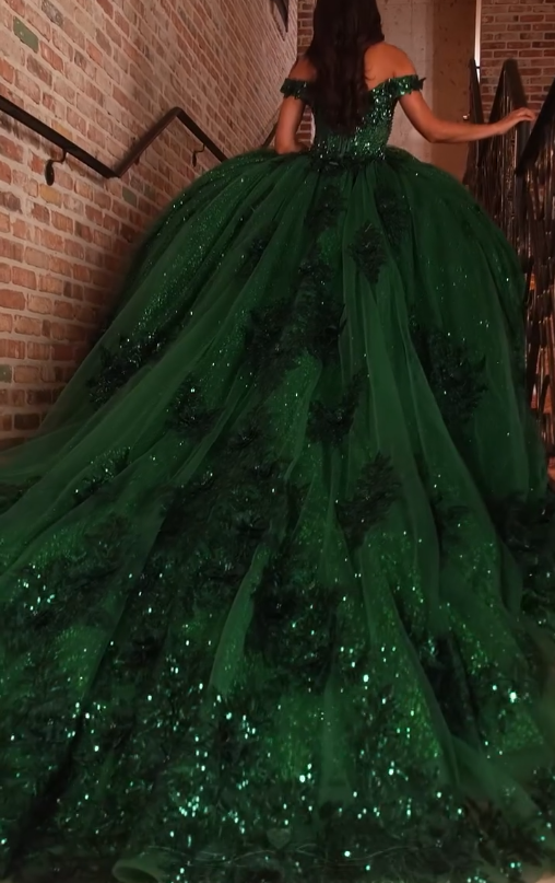 Dark Green Sequin Tulle Applique Long Prom Dress Quinceanera Dress Ball Gown SH5181
