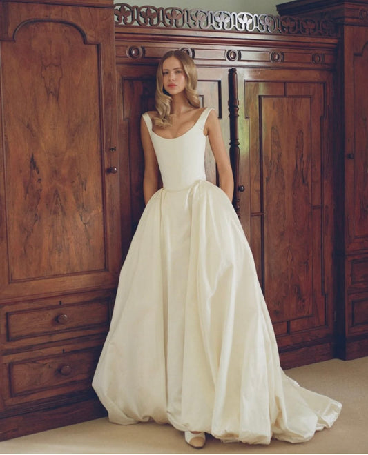 Beautiful Simple A Line Straps White Satin Long Wedding Dress SH8703