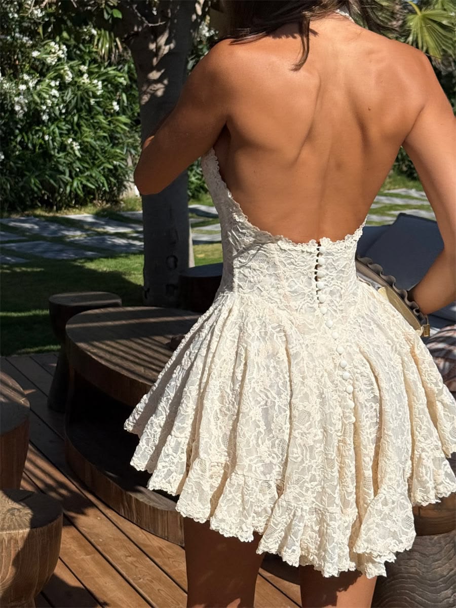Sweety Ivory A Line Halter Lace Backless Short Homecoming Dress Mini Dress SH8045