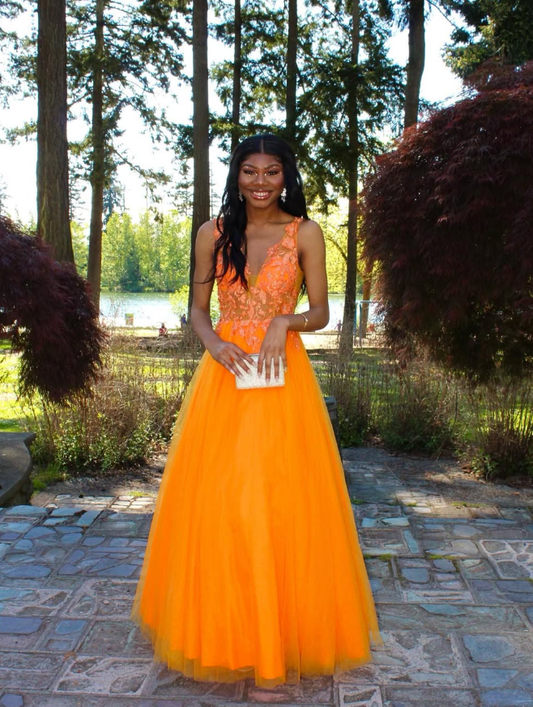 Charming A Line V Neck Appliques Orange Tulle Prom Dress Evening Dress SH2078