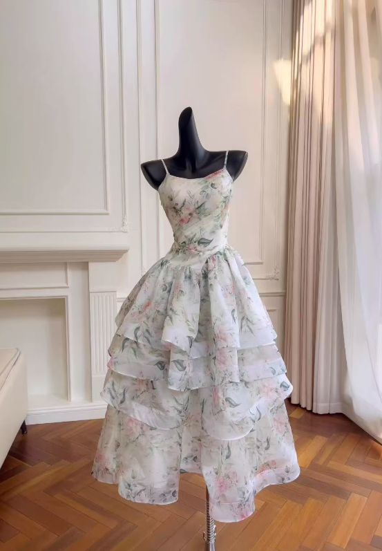 Print Floral A Line Straps Layered Chiffon Prom Dress Outfits SH5156