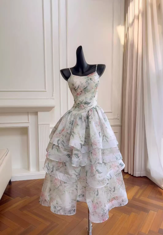 Print Floral A Line Straps Layered Chiffon Prom Dress Outfits SH5156