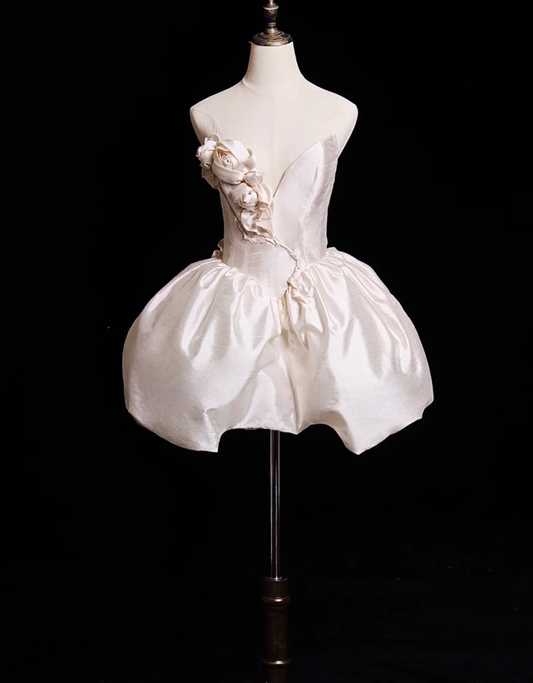 Cute A Line V Neck 3D Floral White Satin Short Homecoming Dress Birthday Dress SH4275