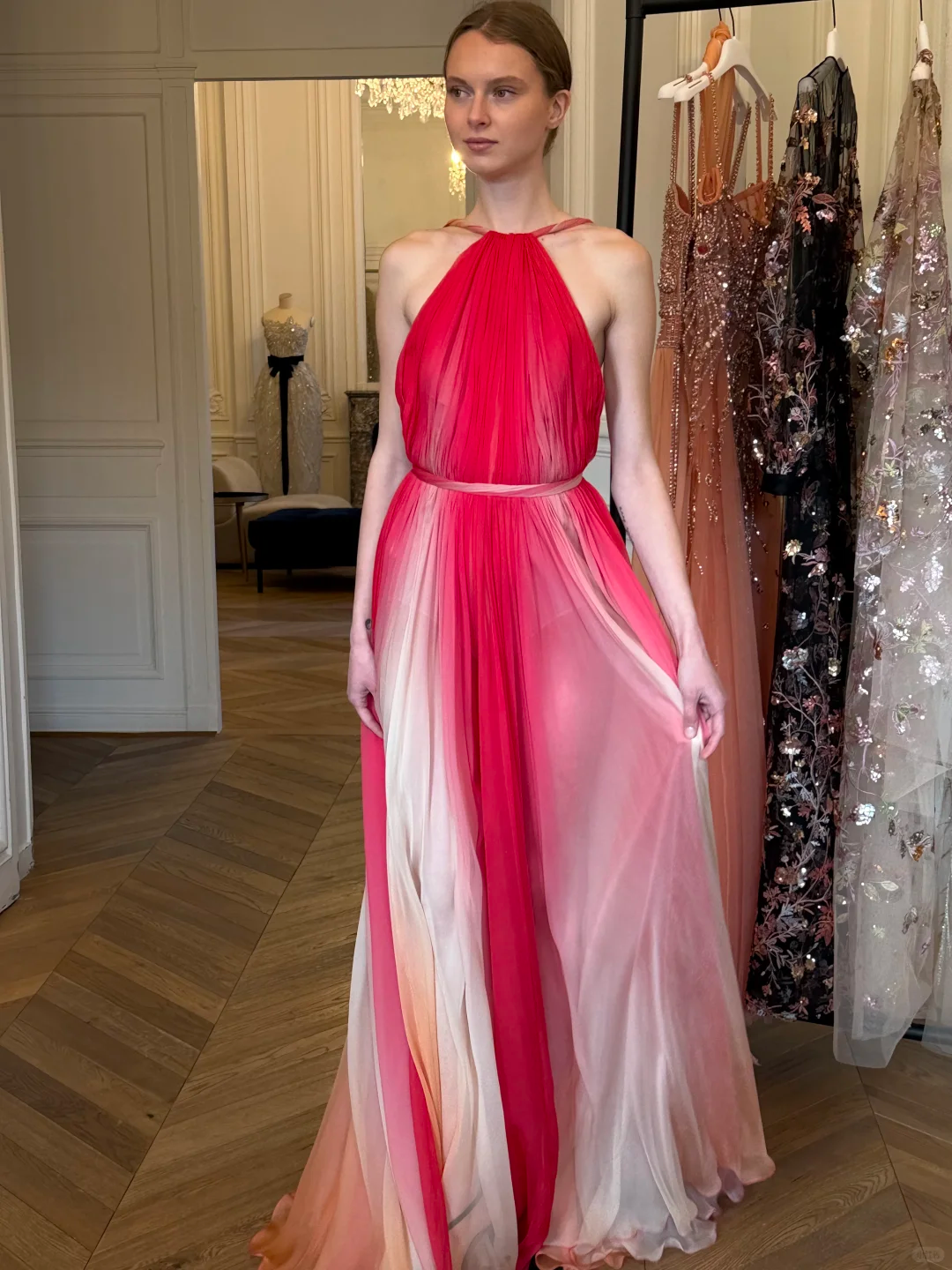 Elegant A Line Halter Pink Ombre Chiffon Long Prom Dress Evening Dress SH7701