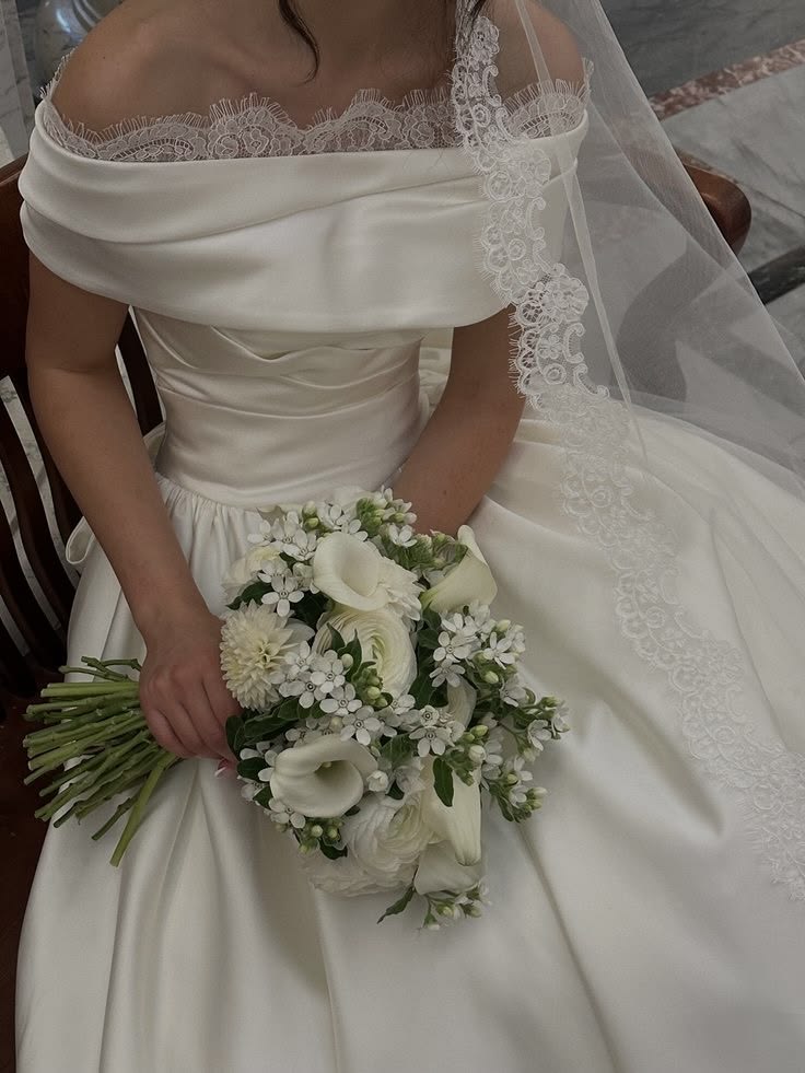 White Ball Gown Off the Shoulder Lace Satin Long Wedding Dress SH7440