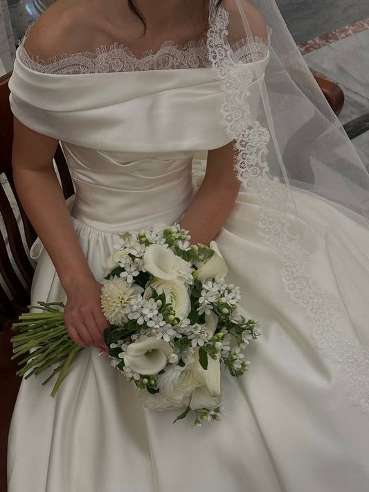 White Ball Gown Off the Shoulder Lace Satin Long Wedding Dress SH7440