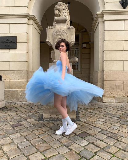 Baby Blue A Line Strapless Tulle Prom Dress Wedding Guest Dress Birthday Dress SH4441