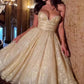 Shiny Gold Ball Gown Sweetheart Neck Print Floral Tulle Prom Dress Evening Dress SH7209