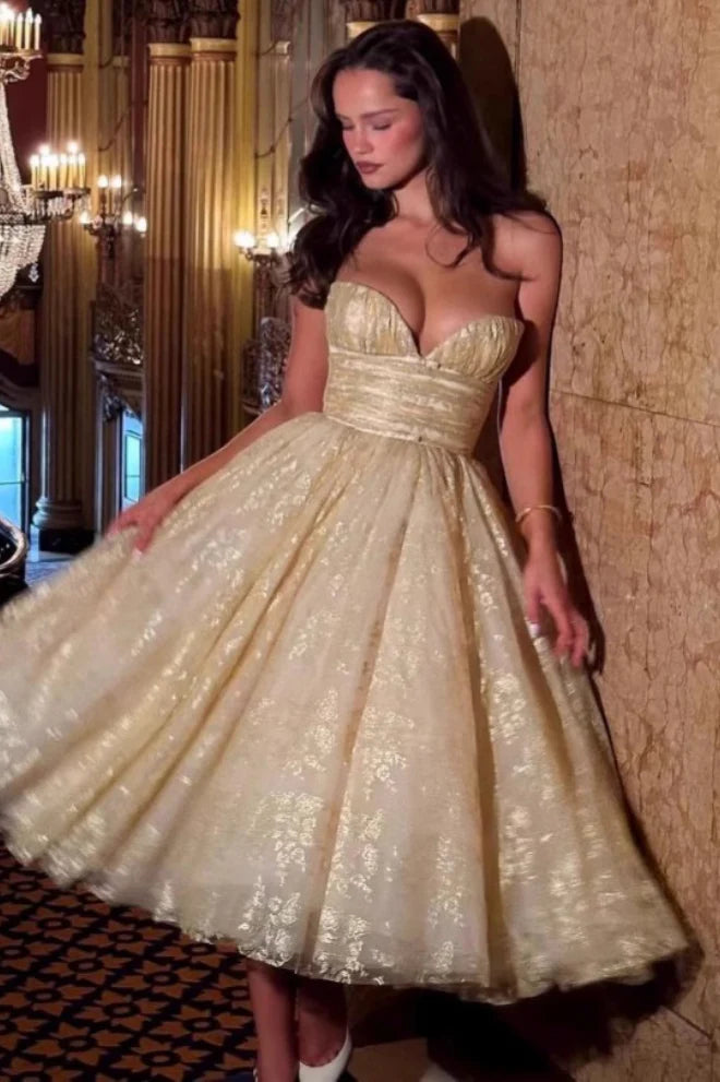 Shiny Gold Ball Gown Sweetheart Neck Print Floral Tulle Prom Dress Evening Dress SH7209