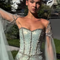Summer Green A Line Beaded Flowy Tulle Long Prom Dress Evening Dress SH6758