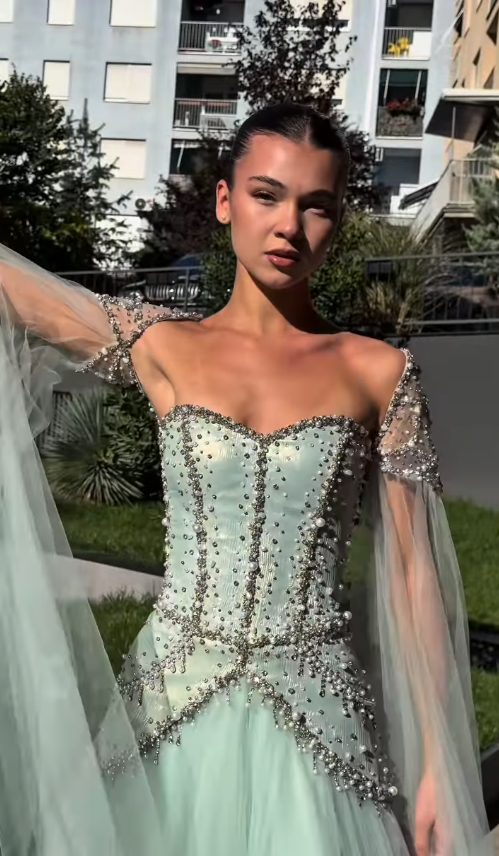 Summer Green A Line Beaded Flowy Tulle Long Prom Dress Evening Dress SH6758