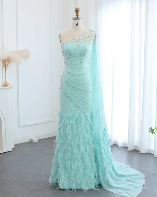 Luxurious Sheath One Shoulder Beaded Feather Long Prom Dress Evening Dress SH1962