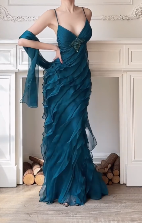 Peacock Blue Vintage Mermaid Spaghetti Strap Beaded Layered Chiffon Party Dress Prom Dress SH4116