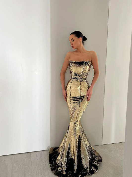 Sexy Shiny Mermaid Strapless Gold-black Sequin Prom Dress Date Dress SH5570