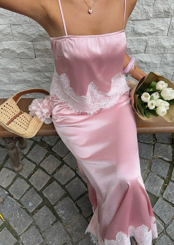 Gentle Pink Sheath Spaghetti Strap Lace Satin Long Prom Dress Evening Dress SH8506