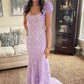 Ivory Square Neck Puff Sleeves Appliques Tulle Long Prom Dress SH1646