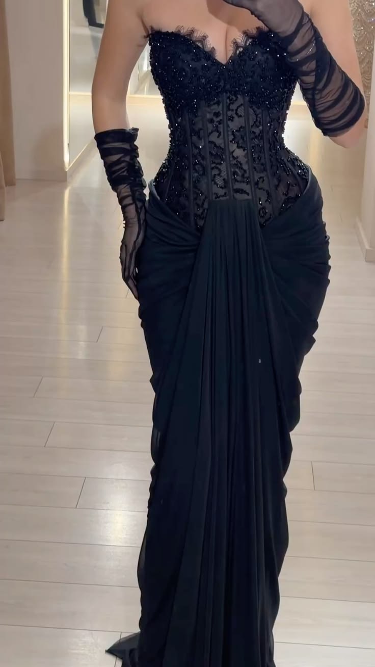 Sexy Black Sheath Sweetheart Neck Beaded Corset Tulle Long Prom Dress Evening Dress SH8833