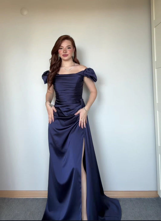 Navy Blue A Line Off the Shoulder Pleated Satin Prom Dress Party Dress Date Dress with Slit SH3990