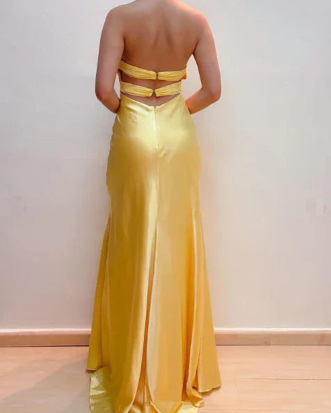 Vintage Mermaid Halter Beaded Yellow Chiffon Satin Evening Dress Party Dress SH2691