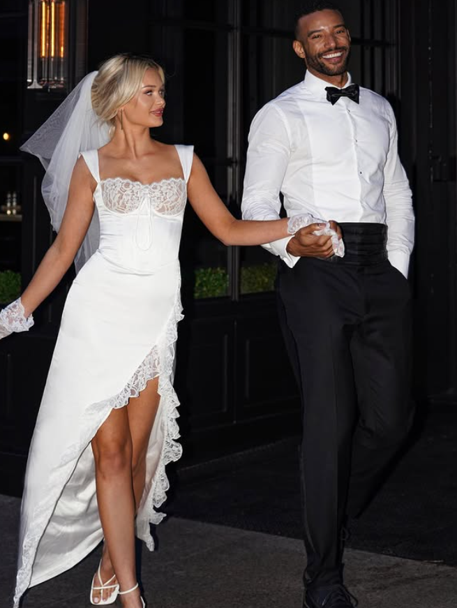 Elegant Sheath Spaghetti Strap White Lace Satin Long Prom Dress Wedding Dress SH4820