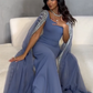 Sparkly  Blue Evening Dresses Cape Long Mermaid Prom Dress Formal Evening Dress Wedding Dress SH945