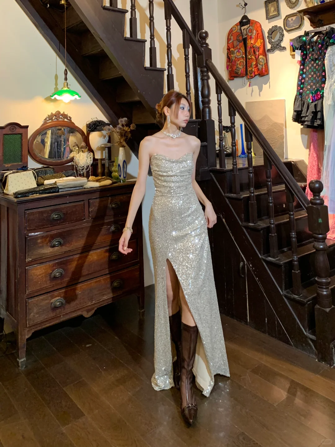 Shiny A Line Sweetheart Neck Silver Sequin Prom Dress Evening Dress with Slit SH3084