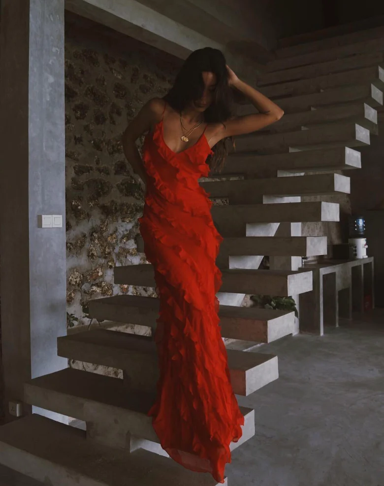 Red Backless Long Prom Dress With Ruffle  SH727