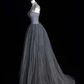 Simple Grey A Line High Neck Satin Tulle Long Prom Dress Graduation Prom Dress SH2521
