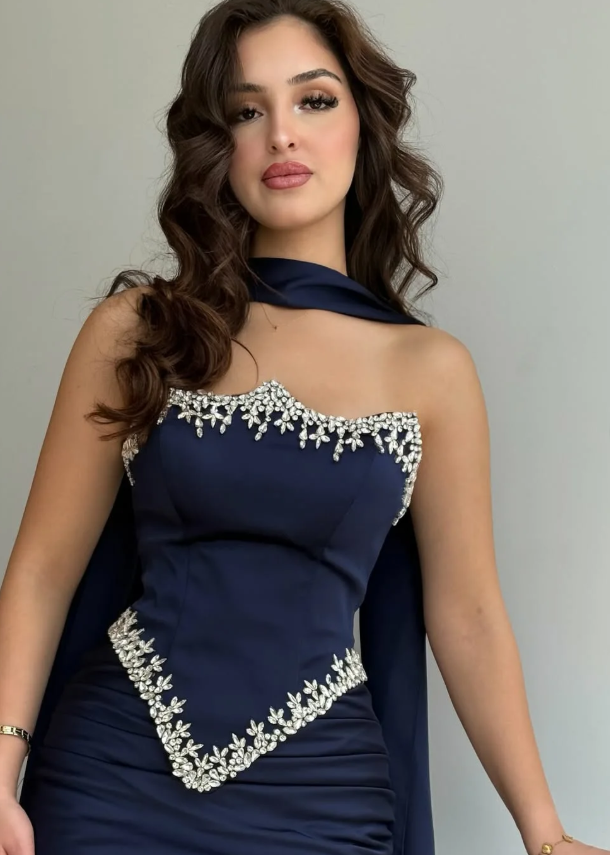 Navy Blue Sheath Strapless Exquisite Beaded Satin Prom Dress Evening Dress SH5397