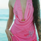 Sexy Pink Sheath Halter Pleated Beaded Chiffon Vacation Dress Outfits SH3893