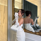 Dazzling White Sheath Sweetheart Neck Satin Sequin Short Prom Dress Homecoming Dress SH6386