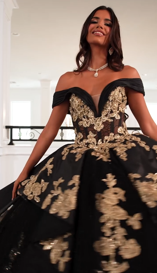 Black Ball Gown Gold Applique Beaded Tulle Long Prom Dress Quinceanera Dress SH5164