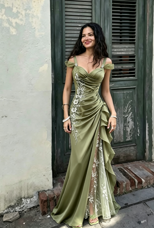 Olive Green 3D Floral Mermaid Beaded Tulle Satin Prom Dress Evening Dress SH6456