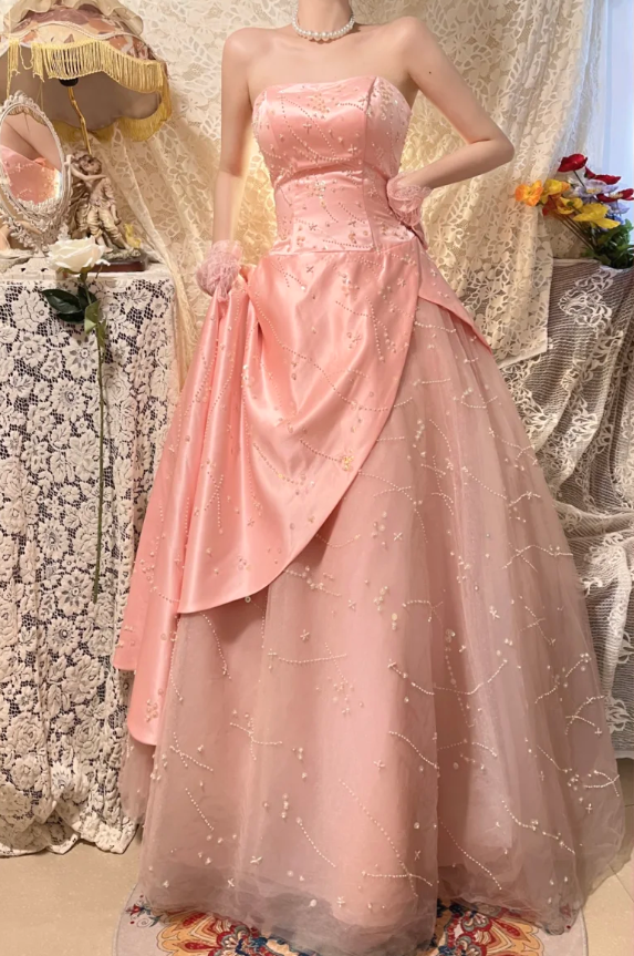 Princess Pink A Line Strapless Beaded Satin Tulle Long Prom Dresses 16