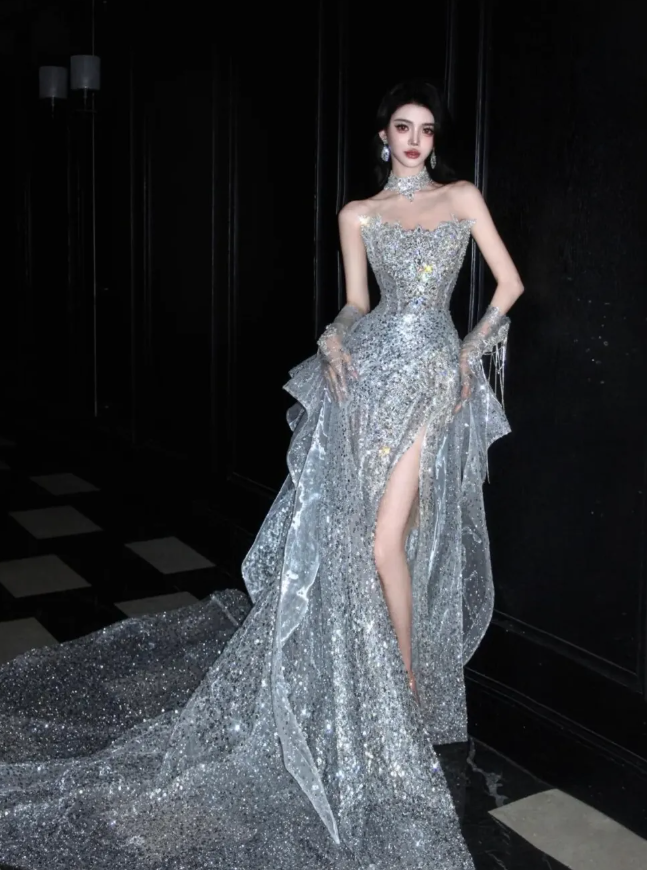 Silver Sequin Shiny Ball Gown Strapless Long Sweep Prom Dress Evening Dress Party Dress SH3617