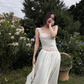Elegant A Line Straps White Lace Satin Backless Long Prom Dress Evening Dress SH8796