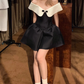 Stunning A Line Off the Shoulder White Black Satin Short Homecoming Dress Birthday Dress SH3026