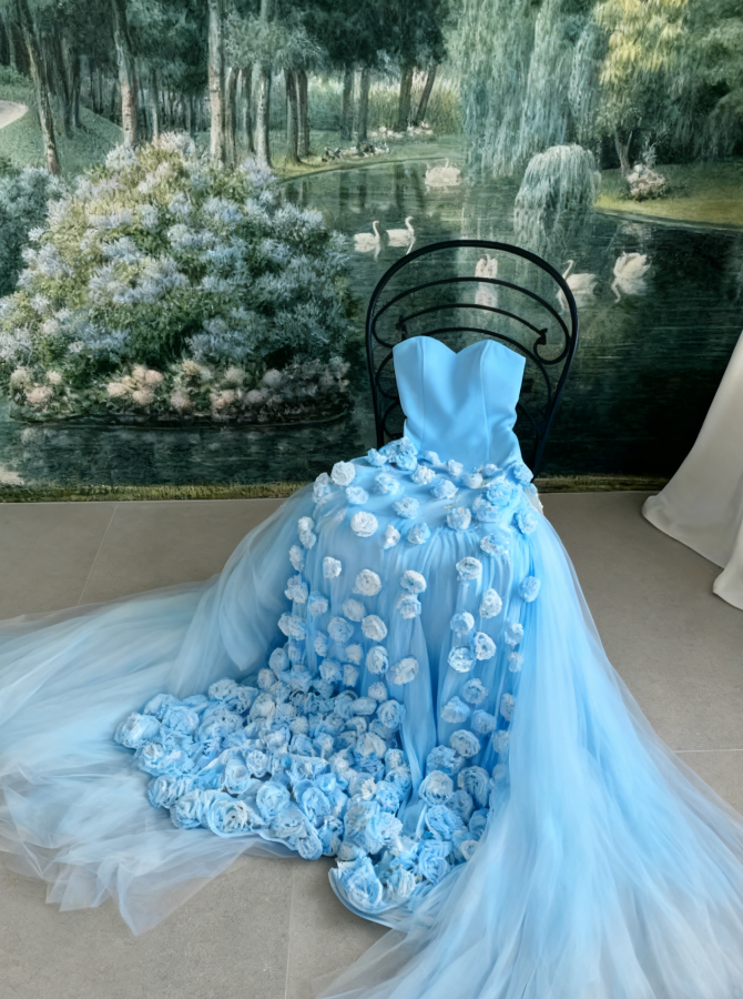 Charming Pink Strapless High Slit Flower Prom Dress SH717