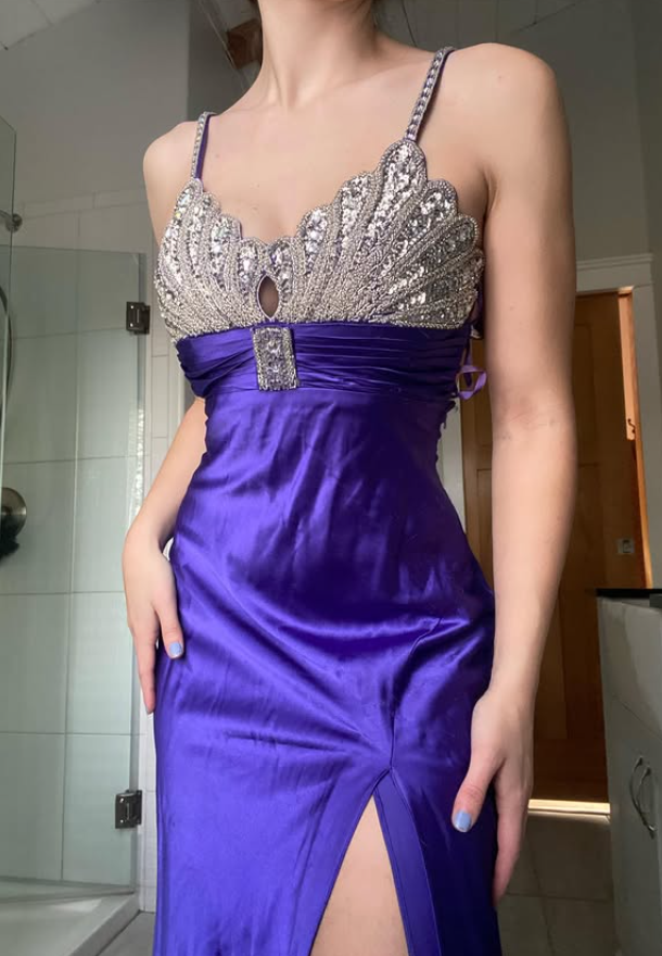 Retro Purple Sheath Spaghetti Straps Shiny Rhinestone Satin Slit Prom Dress Evening Dress SH5917
