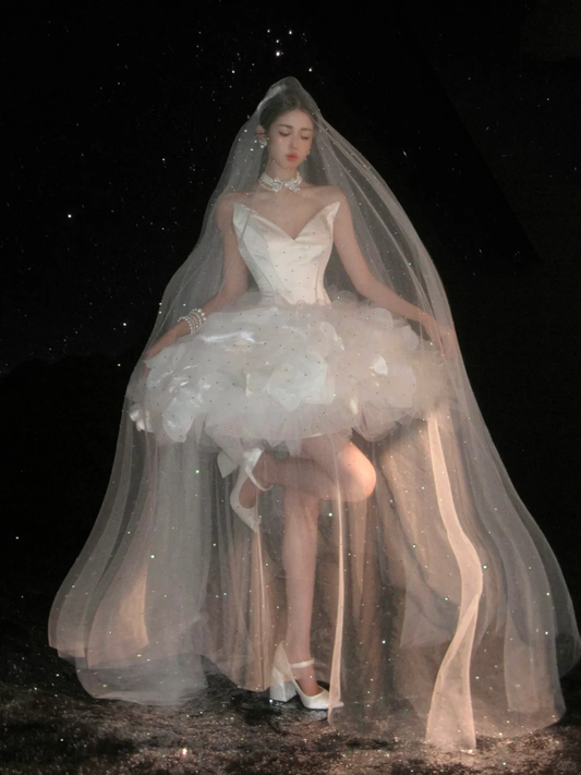 Cute A Line Strapless White Satin Tulle Short Party Dress Birthday Dress SH2926