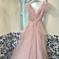 Classic Pink A Line V Neck Beaded Tulle Long Party Dress Prom Dress Formal Dress SH3850