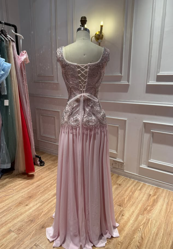 Luxurious Light Pink A Line V Neck Beaded Chiffon Long Prom Dress Evening Dress SH8950