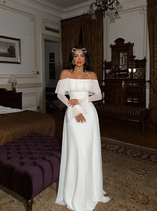 Romantic A Line Long Sleeve White Tulle Prom Dress SH5566