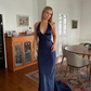 Navy Blue Sheath V Neck Satin Open Back Long Sweep Prom Dress Graduation Prom Dress SH2588
