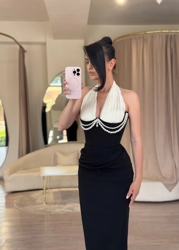 Classic Black-white Sheath Halter Pearl Satin Long Prom Dress Evening Dress SH7300