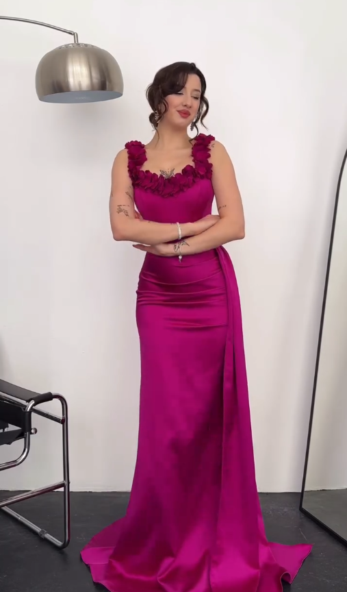 Hot Pink Mermaid Off the Shoulder Floral Satin Prom Dress Party Dress SH4842